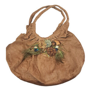 Brown Corduroy Snap Tote Bag / Purse Embroider/Beaded/Flowers/Peacock Feathers